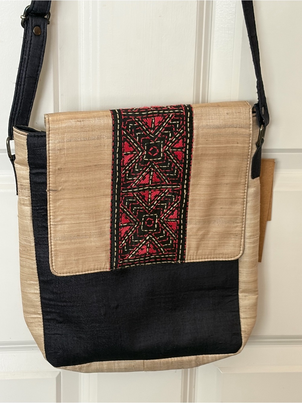 Beige & Black Crossbody with Pink Embroidered Center Panel